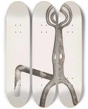 Triptych art skateboard deck of Natalie Simon Wrought Iron Andiron by Natalie Simon