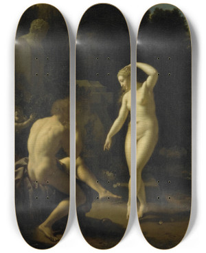 Triptych art skateboard deck of Adriaen Van Der Werff A Nymph Dancing To A Shepherds Flute by Adriaen van der Werff (1659-1722)