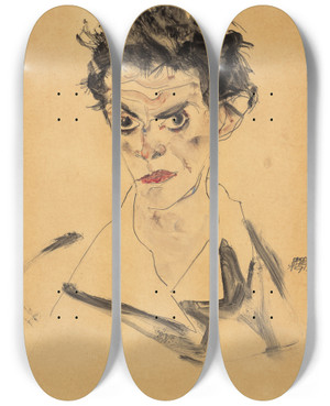 Triptych art skateboard deck of Egon Schiele Selfportrait_1 by Egon Schiele (1890-1918)
