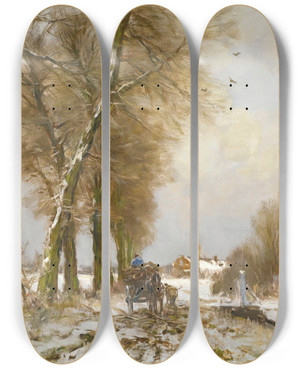 Triptych art skateboard deck of Louis Apol Figures On A Snowy Path by Louis Apol (1850-1936)