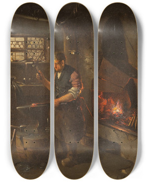 Triptych art skateboard deck of Anders Olsson Montan At The Blacksmiths by Anders Olsson Montan (1845-1917)