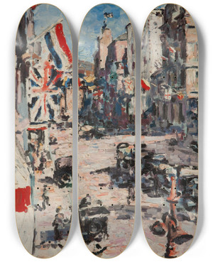 Triptych art skateboard deck of Harry Caldecott Royal Visit 1925 by Harry Caldecott (1886-1929)