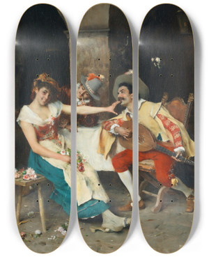 Triptych art skateboard deck of Federico Andreotti The Serenade by Federico Andreotti (1847-1930)