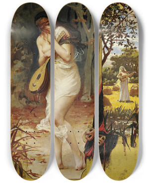 Triptych art skateboard deck of Frederick Arthur Bridgman La Cigale by Frederick Arthur Bridgman (1847-1928)