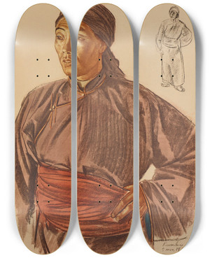 Triptych art skateboard deck of Alexandre Jacovleff Notre Guide Mongol Kumbo by Alexandre Jacovleff (1887-1938)