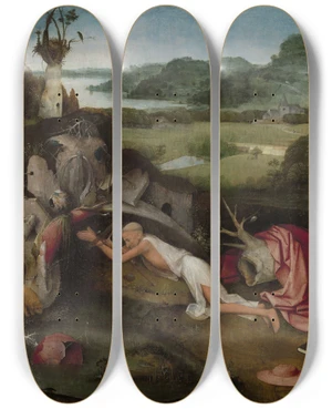 Triptych art skateboard deck of Hieronymus Bosch Saint Jerome by Hieronymus Bosch (1450-1516)