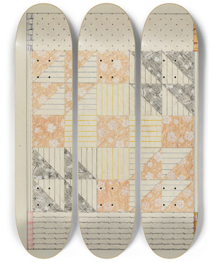 Triptych art skateboard deck of Margaret Linsley Patchwork Quilt by Margaret Linsley
