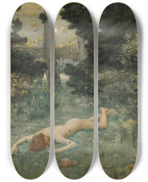 Triptych art skateboard deck of Edward Robert Hughes The Careless Shepherd by Edward Robert Hughes (1851-1914)