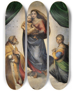 Triptych art skateboard deck of Raphael The Sistine Madonna by Raphael (1483-1520)