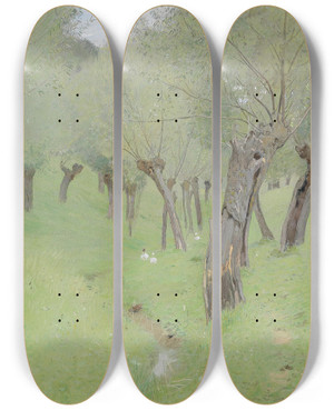 Triptych art skateboard deck of Eugen Jettel Dorfstrae Nach Dem Regen by Eugen Jettel (1845-1901)