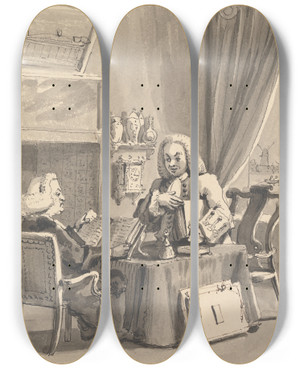 Triptych art skateboard deck of John Thomas Smith Hogarth Solicits His Patron Bishop Hoadley To Look Over His Ms Analysis Of Beauty by John Thomas Smith (1766-1833)