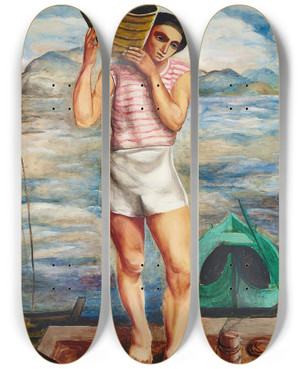 Triptych art skateboard deck of Mose Kisling Le Pcheur by Moise Kisling (1891-1953)