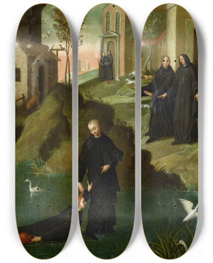 Triptych art skateboard deck of Benvenuto Tisi Saint Maur Rescuing Saint Placid From Drowning by Benvenuto Tisi (1481-1559)
