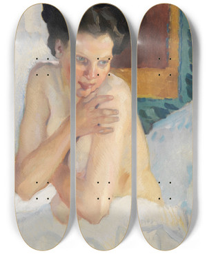 Triptych art skateboard deck of Leo Putz Erwachen Sitzender Halbakt by Leo Putz (1869-1940)