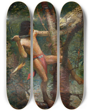 Triptych art skateboard deck of Frank Earle Schoonover Ahuitzotl And The Ocelot by Frank Earle Schoonover (1877-1972)