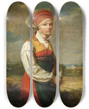 Triptych art skateboard deck of Johan Gustaf Sandberg Girl From Vingker by Johan Gustaf Sandberg (1782-1854)