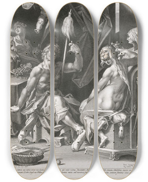 Triptych art skateboard deck of Aegidius Sadeler Ii Hercules And Omphale by Aegidius Sadeler Ii (1570-1629)