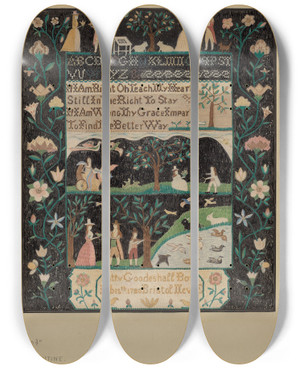 Triptych art skateboard deck of Elizabeth Valentine Sampler by Elizabeth Valentine