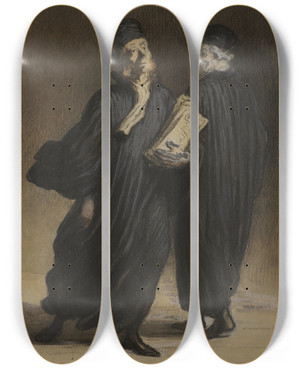 Triptych art skateboard deck of Honor Daumier Les Avocats by Honore Daumier (1808-1879)