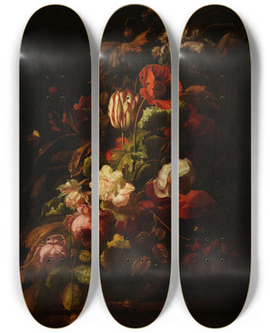 Triptych art skateboard deck of Simon Verelst Bouquet De Fleurs_2 by Simon Verelst (1644-1721)