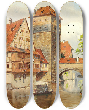 Triptych art skateboard deck of August Fischer Henckerstieg I Nrnberg by August Fischer (1854-1921)