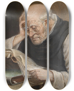 Triptych art skateboard deck of Carl Schleicher Lesender Mnch by Carl Schleicher (1825-1903)