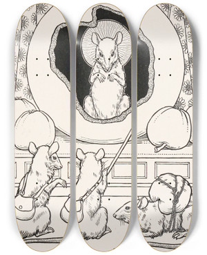 Triptych art skateboard deck of Percy J Billinghurst The Rat Retired From The World by Percy J Billinghurst (1871-1933)