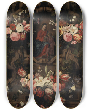 Triptych art skateboard deck of Daniel Seghers Flower Garland With Immaculate Conception by Daniel Seghers (1590-1661)