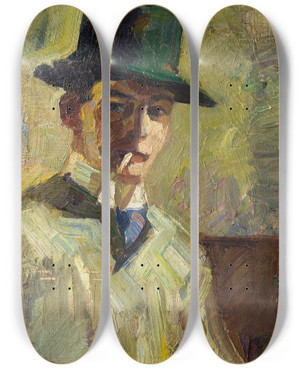 Triptych art skateboard deck of Hermann Stenner Selbstbildnis Mit Hohem Hut Und Zigarette by Hermann Stenner (1891-1914)