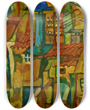 Triptych art skateboard deck of Amadeo De Souzacardoso Windmills Telegraph Wire by Amadeo de Souza-Cardoso (1887-1918)