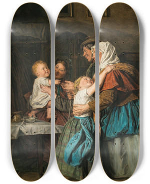 Triptych art skateboard deck of Ferdinand Georg Waldmller The Grandparents Visit by Ferdinand Georg Waldmuller (1793-1865)