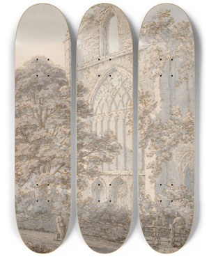 Triptych art skateboard deck of Thomas Sunderland West Window Of Tintern Abbey by Thomas Sunderland (1744-1828)