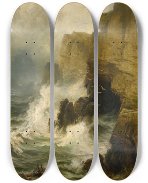 Triptych art skateboard deck of Edward Moran Cliffs In A Storm by Edward Moran (1829-1901)