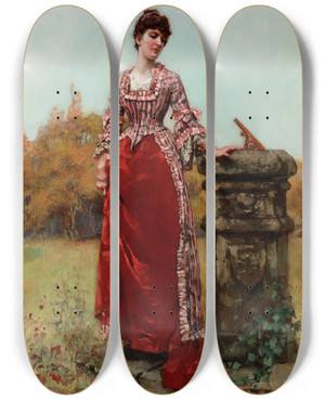 Triptych art skateboard deck of Henry John Yeend King At The Sundial by Henry John Yeend King (1855-1924)