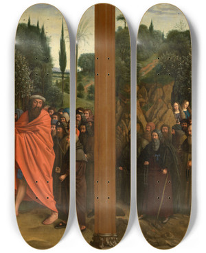 Triptych art skateboard deck of Jan Van Eyck Holy Hermits And Holy Pilgrims by Jan Van Eyck (1390-1441)
