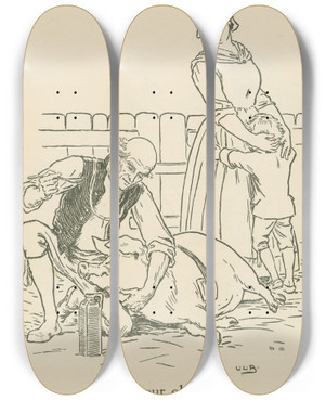 Triptych art skateboard deck of Leonard Leslie Brooke For Our Old Sow by Leonard Leslie Brooke (1862-1940)
