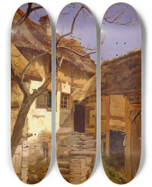 Triptych art skateboard deck of Adolph Tidemand Old German Farm by Adolph Tidemand (1814-1876)