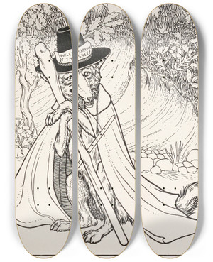 Triptych art skateboard deck of Percy J Billinghurst The Wolf Turned Shepherd by Percy J Billinghurst (1871-1933)