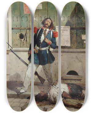 Triptych art skateboard deck of Alcidejoseph Lorentz Garde National Bless Pisode De La Rvolution De 1848 by Alcide Joseph Lorentz (1813-1891)