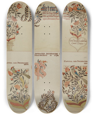 Triptych art skateboard deck of Page Coffman Pa German Fractur Designs by Page Coffman