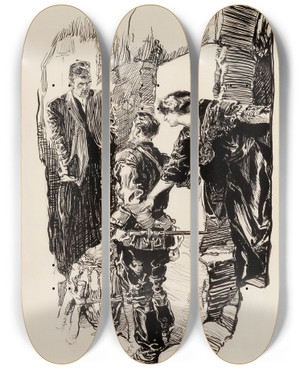 Triptych art skateboard deck of Joseph Clement Coll The Confrontation by Joseph Clement Coll (1881-1921)