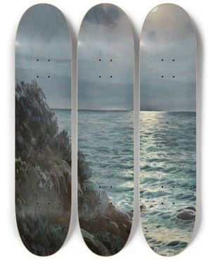 Triptych art skateboard deck of Albert Nikolaevich Benois Seashore Under A Full Moon by Albert Nikolaevich Benois (1852-1936)