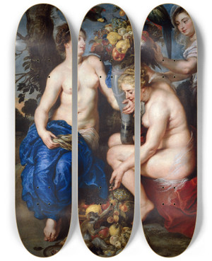 Triptych art skateboard deck of Peter Paul Rubens Ceres With Two Nymphs by Peter Paul Rubens (1577-1640)