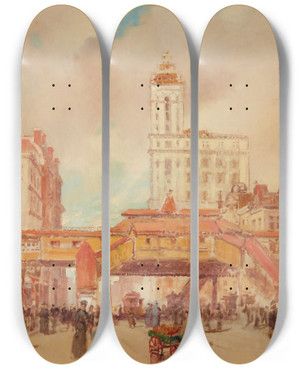 Triptych art skateboard deck of Paul Cornoyer Third Avenue New York by Paul Cornoyer (1864-1923)