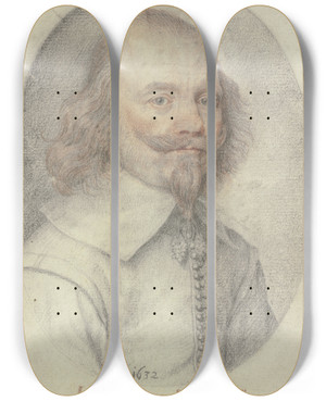Triptych art skateboard deck of Johann Jakob Kornmann Bildnis Eines Mannes Mit Spitzbart Und Herabwallendem Haar Im Oval by Johann Jakob Kornmann