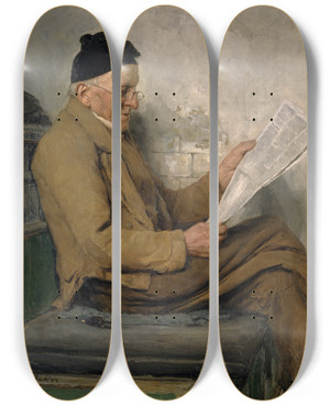 Triptych art skateboard deck of Albert Anker Farmer Reading On The Stove Bench by Albert Anker (1831-1910)