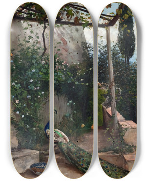 Triptych art skateboard deck of Hugo Birger Terrace With Peacock The Alhambra by Hugo Birger (1854-1887)