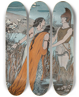 Triptych art skateboard deck of Maud Hunt Squire Both The Princesses Besought Him by Maud Hunt Squire (1873-1954)