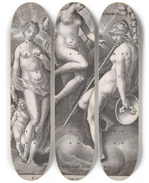 Triptych art skateboard deck of Adriaen Collaert Venus Juno And Minerva by Adriaen Collaert (1560-1618)