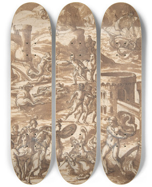 Triptych art skateboard deck of Antonio Gandini Mythological Scene by Antonio Gandini (1565-1630)